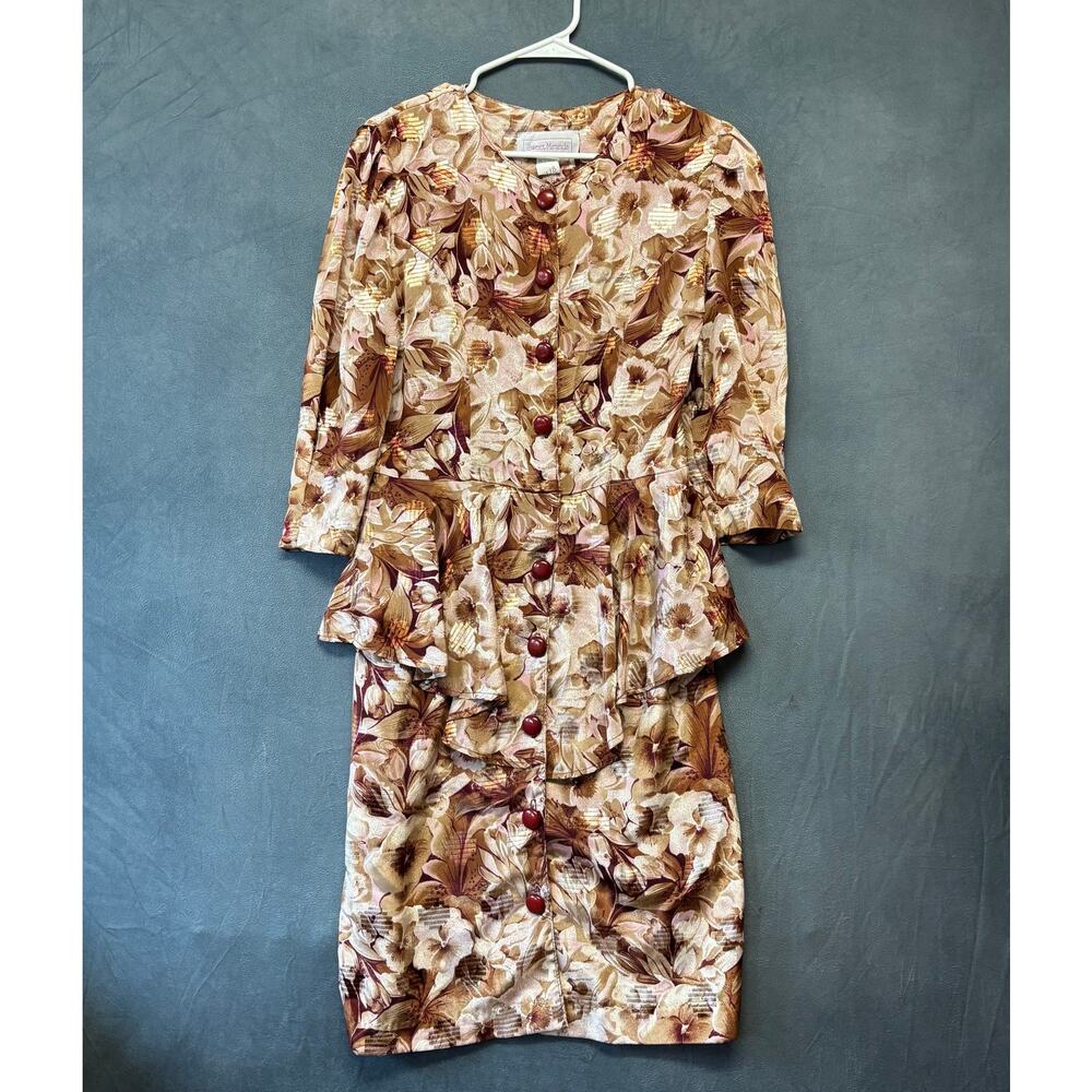 Vintage Sweet Miranda Floral Peplum Dress Metallic Button Front Art To Wear 80's